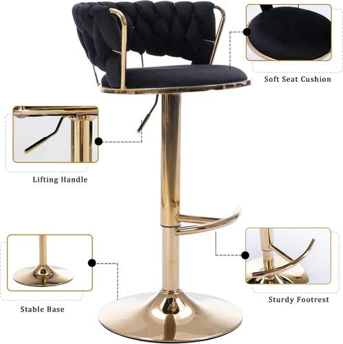 Vista 6 de Juego de 2 taburetes de bar de terciopelo giratorios con base de metal dorado, taburetes de bar modernos de altura de mostrador para cocina, pub