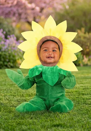 Vista 2 de Disfraz infantil de girasol para Halloween, capucha, cierre de cremallera, acceso a pañales, divertido traje de flor para bebé