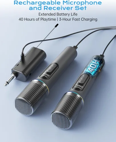 Vista 6 de Micrófono inalámbrico, micrófono dinámico de mano profesional con receptor recargable, ajuste de volumen de 5 niveles, iluminación RGB dinámica