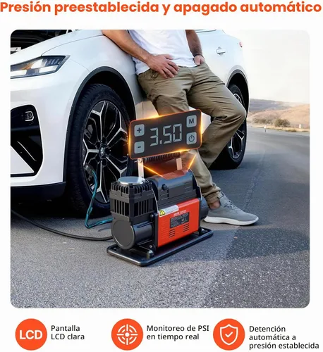 Vista 3 de VEVOR Compresor de aire de 12V de servicio pesado, inflador de neumáticos portátil con parada automática y pantalla LCD digital, bomba de aire todo