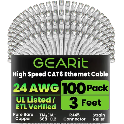 Vista 25 de GEARit Paquete de 100 cables Ethernet Cat6 de 0.5 pies Cable de conexión de red RJ45, conectores chapados en oro sin enganches de 10 Gbps, cable