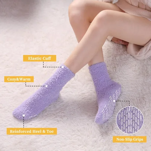 Vista 2 de FNOVCO Calcetines antideslizantes para mujer, cálidos y acogedores, calcetines de hospital suaves y esponjosos con agarres, talla única
