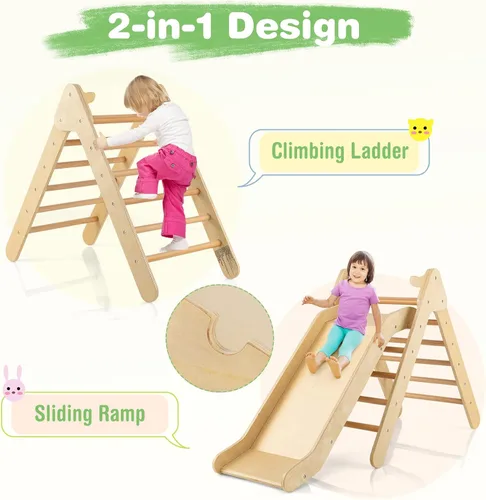 Vista 2 de HONEY JOY Escaladora triangular con rampa, escalera triangular para niños para guardería, gimnasio y parque infantil, juguetes de escalada Natural