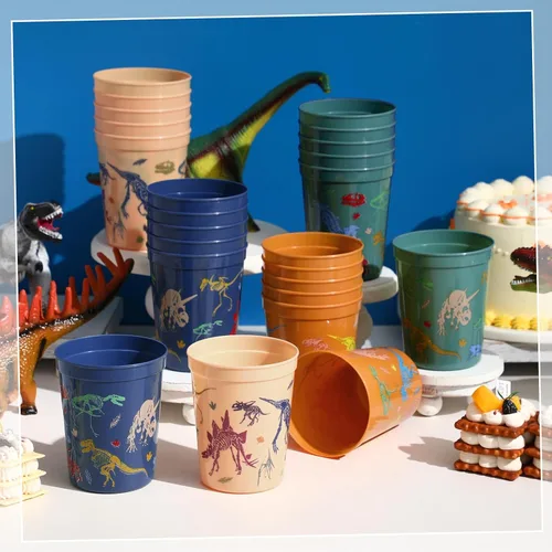 Vista 2 de Nuanchu Paquete de 24 vasos de plástico para fiesta de dinosaurios, suministros de cumpleaños, vaso de dinosaurio reutilizable para decoración