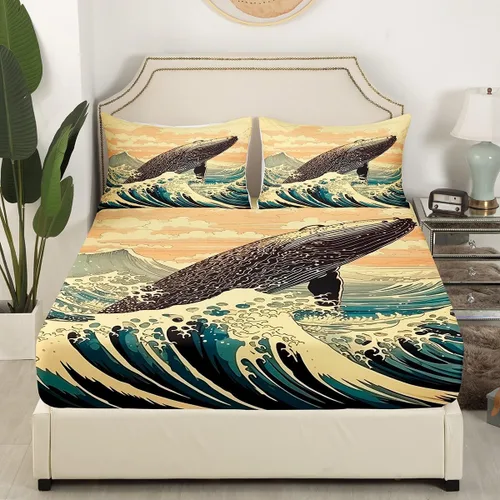 Vista 3 de Erosebridal Juego de sábanas de ballena náutica, tamaño individual, juego de ropa de cama vintage azul con ondas oceánicas para niños y niñas
