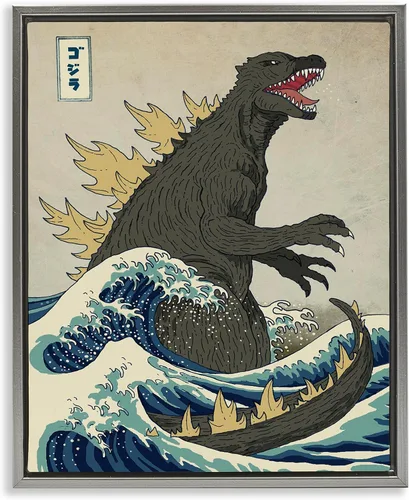 Vista 11 de Stupell Industries Godzilla in the Waves Eastern Poster Style Ilustración, diseño de Michael Buxton, marco blanco, 11 x 14 pulgadas Stupell
