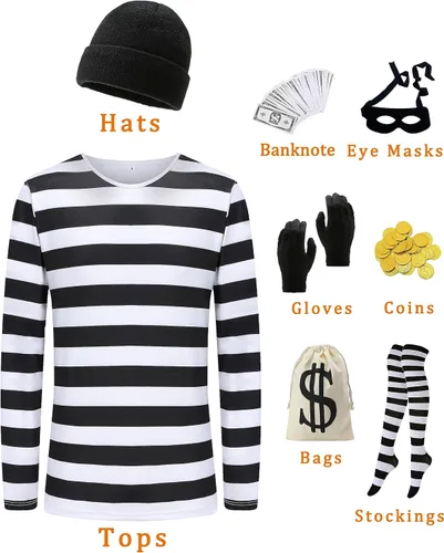 Vista 2 de QUJQOM Disfraz de ladrón de Halloween para mujer, adulto, ladrón de bancos, cosplay, camiseta a rayas, calcetines con guantes, bolsas de lona