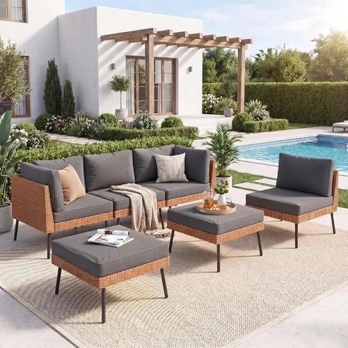Vista 14 de Aoxun Juego de muebles de patio de 7 piezas con mesa auxiliar, color beige Muebles de mimbre para exteriores con cojines gruesos resistentes al