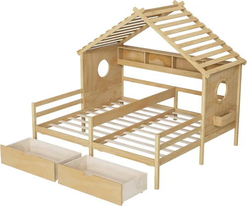 Vista 5 de Cama de plataforma de casa tamaño individual con estantería y cajones de Natural