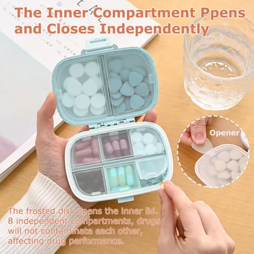 Vista 3 de Organizador de píldoras, pastillero portátil de 8 compartimentos, pastillero para contener vitaminas, aceite de hígado de bacalao, pastillero