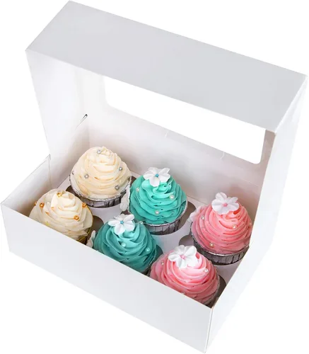 Vista 8 de ONE MORE Cajas para cupcakes con insertos para 6 soportes, cajas grandes de panadería estándar blancas de 9.5 x 6.3 x 3 pulgadas con ventana
