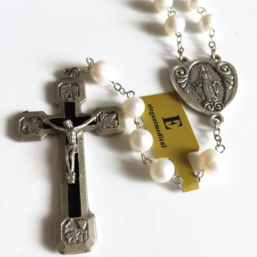 Vista 4 de elegantmedical Stations of the Cross - Rosario de oración con perlas blancas reales, caja de regalo católica, Perla
