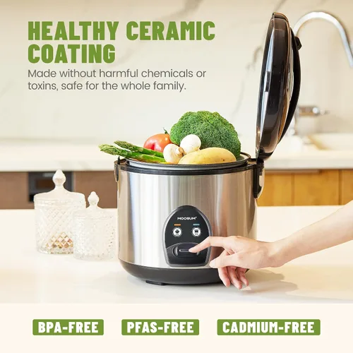 Vista 2 de Arrocera y Vaporera de Alimentos de 10 Tazas de Arroz Crudo - Olla Interior con Revestimiento Cerámico No Tóxico, Multifunción de Un Toque