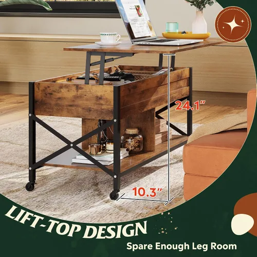Vista 5 de WLIVE Mesa de Centro, Mesa de Centro Elevable de 41.3" con 4 Ruedas, Compartimento Oculto, Estante de Almacenamiento y Superficie Elevable para Sala