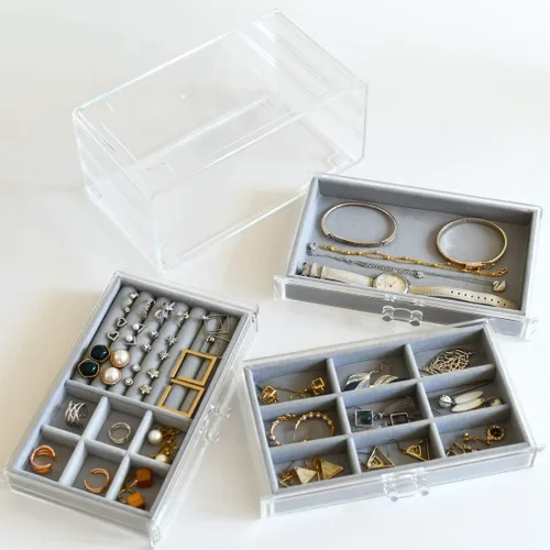 Vista 5 de HerFav Joyero de acrílico para mujer con 3 cajones para anillos, aretes y collares, estuche compacto para joyería, gris transparente