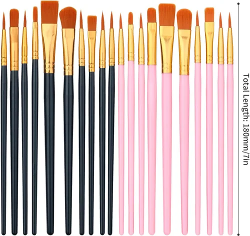 Vista 6 de Juego de 20 pinceles de pintura negra y rosa, pinceles de nailon para óleo, acuarela y pintura acrílica, ideal para lienzo, rock y arte de uñas