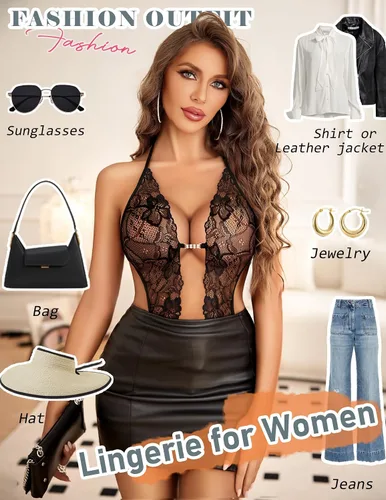 Vista 4 de Avidlove - Body de lencería de una pieza para mujer, diseño de encaje sexy con escote en V profundo, babydoll, ropa de dormir, tallas XS a XXXL