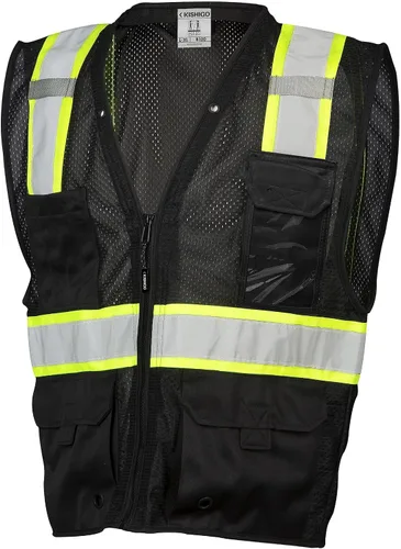 Vista 6 de Kishigo Black Enhanced Visibility Men's Vest B100, Multi Pocket Mesh Hi-Vis Vest, Ultra-Cool Polyester, 6 Pockets, Zipper