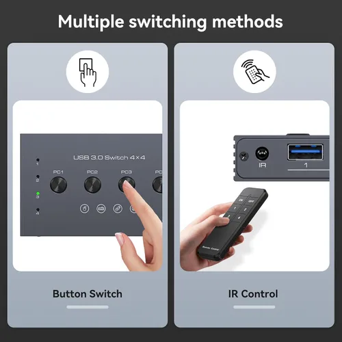 Vista 6 de Selector de interruptor USB 3.0 4 computadoras comparten 4 puertos USB A para ratón, teclado, impresora, escáner con control remoto inalámbrico
