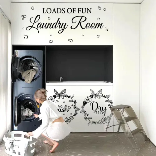 Vista 6 de Calcomanías de pared para cuarto de lavado, calcomanías de vinilo de burbujas secas con texto en inglés «Today Naked Tomorrow»