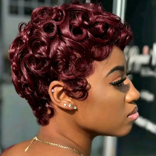 Vista 9 de MOONSHOW - Pelucas cortas de corte Pixie para mujeres negras, peluca de corte Pixie marrón Short Pixie Wigs for Black Women Natural Layered Short