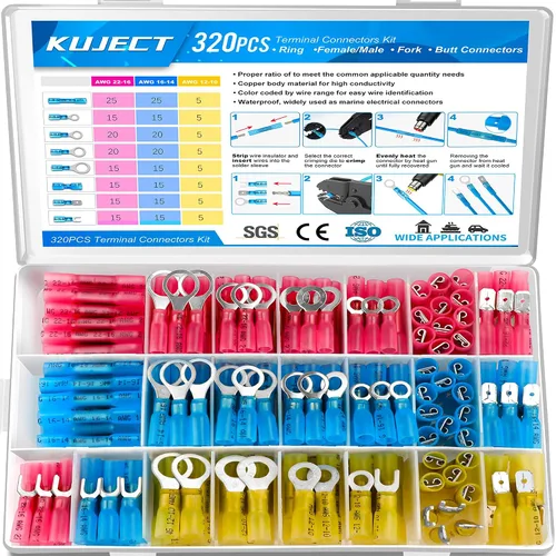 Vista 8 de Kuject 90 piezas conectores de alambre termorretráctiles, kit de terminales de cable eléctrico impermeables multiusos, conectores de crimpado