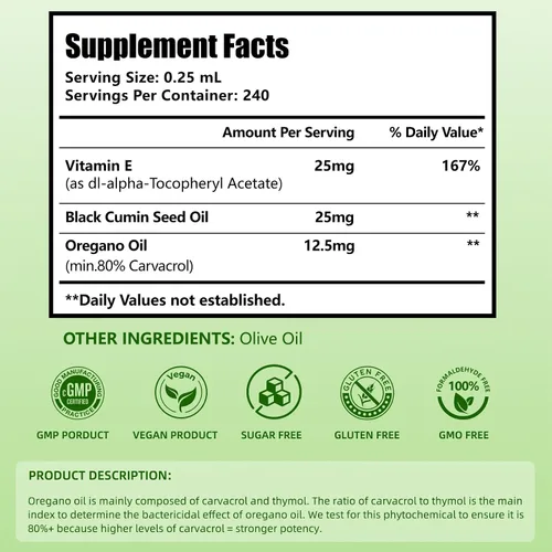 Vista 3 de Gotas de aceite de orégano orgánico Aceite de orégano con aceite de semilla negra, infundido con vitamina E, 80% Carvacrol para apoyo