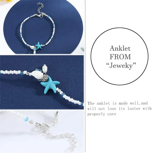 Vista 4 de Jeweky Tobilleras bohemias con estrellas de mar azules, tobilleras de perlas, joyería para pies de playa para mujeres y niñas