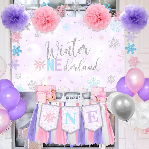 Vista 2 de Decoraciones de cumpleaños de invierno Onederland para silla de bebé, cartel de primer cumpleaños para niñas, decoración para silla de bebé