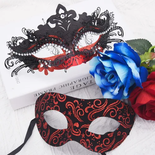 Vista 4 de SIQUK Máscaras de máscaras de metal veneciano para parejas, máscara de disfraz de Halloween, máscara de Mardi Gras para parejas, mujeres y hombres