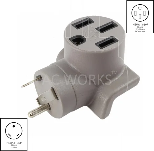 Vista 2 de Adaptador de carga EV AC WORKS para uso en Tesla (TT-30P RV/Remolque 30A a Tesla)