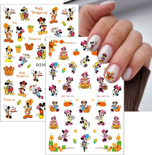 Vista 6 de 12 hojas de calcomanías de arte de uñas de hojas de arce de dibujos animados, calcomanías autoadhesivas 3D, calabazas de otoño, diseños