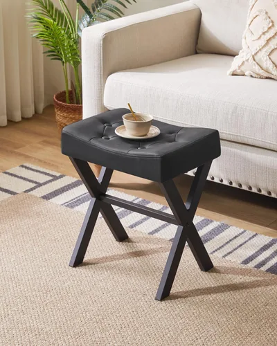 Vista 7 de IBUYKE Taburete de tocador de PU en forma de U, silla cuadrada de maquillaje con patas en X, taburete reposapiés otomano, multiusos como mesa Negro