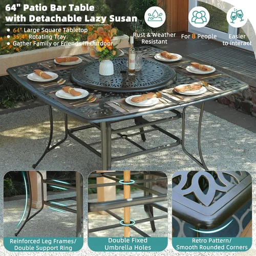 Vista 4 de Juego de barra para exteriores de 10 piezas, muebles de bar de aluminio fundido para todo tipo de clima con 8 taburetes de bar giratorios Bronce