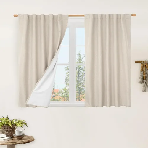 Vista 111 de LAMIT Cortinas opacas cortas de lino de 30 pulgadas para ventanas de cocina sobre el fregadero, cortinas de café texturizadas de lino marfil