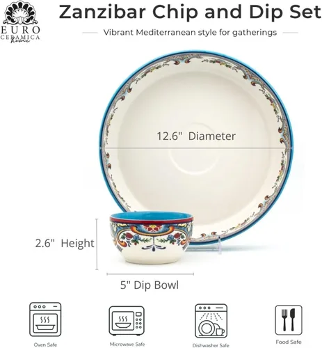 Vista 2 de Euro Ceramica Zanzíbar - Tazón para chips y salsas (2 unidades), multicolor, 24 onzas