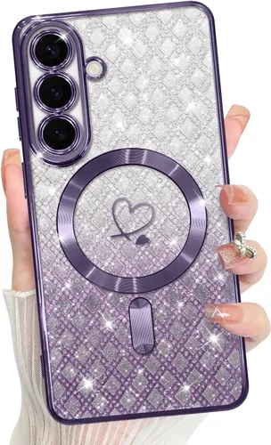 Vista 269 de Bonoma - Funda compatible con Samsung Galaxy S21 Plus, diseño de corazón con purpurina, color rosa Support for MagSafe, Plating Magnetic Case TPU