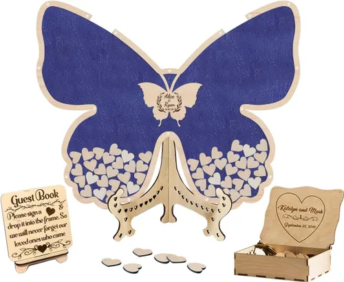 Vista 10 de Libro de invitados de boda de mariposa personalizado con corazones de madera, borde de madera personalizado, ideas alternativas, libro de invitados