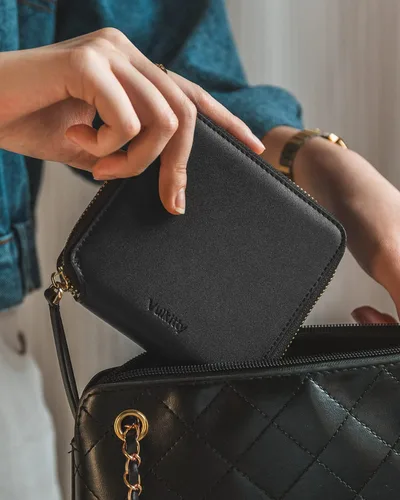 Vista 7 de Vulkitty Cartera de cuero para mujer con bloqueo RFID, monedero delgado plegable con bolsillo con cremallera, Negro -, Classic