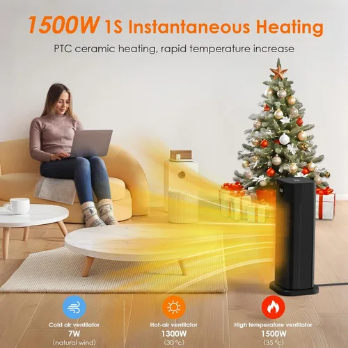 Vista 2 de Minthouz Calentador de Espacio - Calentadores de Torre de Cerámica PTC de 1500W para Uso en Interiores con Termostato Ajustable, Temporizador
