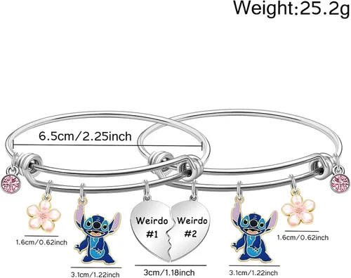 Vista 2 de KTENME Regalo de Stitch para mujeres y niñas, 2 pulseras con dijes Weirdo1 Weirdo2, joyería para amigos, mejores hermanas, colegas, amantes