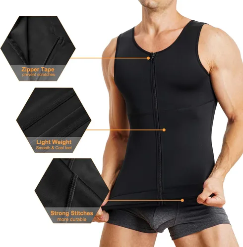 Vista 4 de Camiseta de compresión para hombre, chaleco moldeador de cuerpo, sin mangas, con cremallera, camiseta sin mangas, faja moldeadora para el estómago