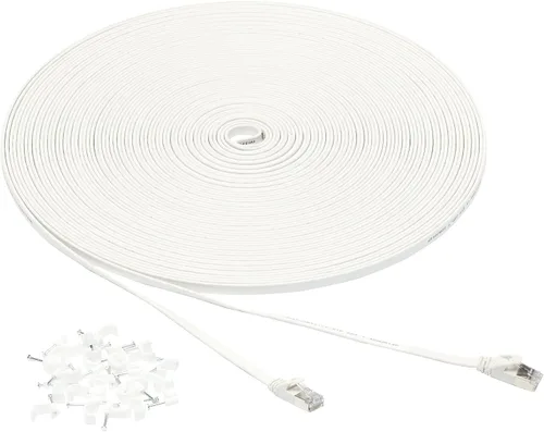 Vista 9 de Amazon Basics Cable de conexión Ethernet RJ45 Cat 7, plano, 600 MHz, sin enganches, incluye 15 clavos, 30 pies, color blanco