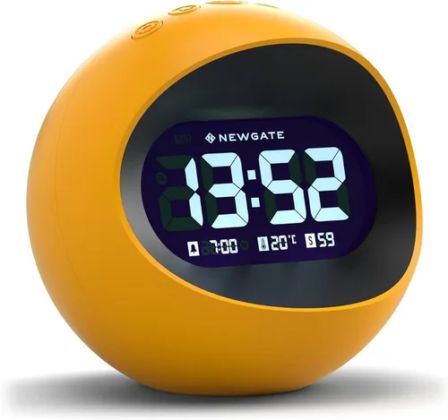 Vista 10 de NEWGATE® Reloj despertador Centre of The Earth Reloj LCD digital retro redondo Negro Ideal para mesita de noche, escritorio o estante