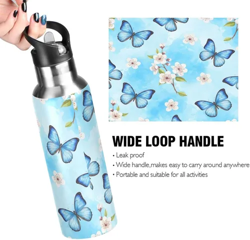 Vista 4 de Blue Butterflies Cherry Blossoms Insulated Water Bottle 32 Oz Leakproof Water Bottles, BPA-Free Sports Water Bottle