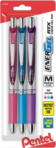 Vista 5 de Pentel EnerGel RTX Bolígrafos de tinta de gel, punta de metal de 0.7mm, tinta color negro / rojo / azul, paquete de 3 (BL77BP3M), surtido
