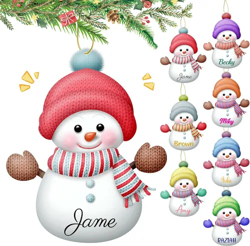 Vista 14 de Adornos de Navidad personalizados con nombre personalizado, muñeco de nieve, nombres de familia, decoración de árbol colgante de Navidad, 7