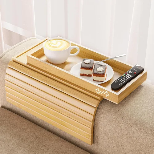 Vista 15 de Bestjing Bandeja de bambú para portavasos de sofá – 2 en 1 con soporte doble desmontable Be Slide-Away – Sofá sillón Caddy para beber aperitivos