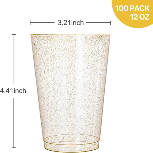 Vista 2 de N9R 100 vasos de plástico con purpurina dorada de 12 onzas, vasos