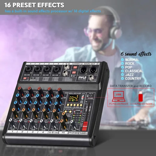 Vista 6 de Mezclador de audio Bluetooth profesional Pyle DJ - Mezclador de sonido con controlador DJ de 6 canales con DSP, 16 efectos preestablecidos, interfaz